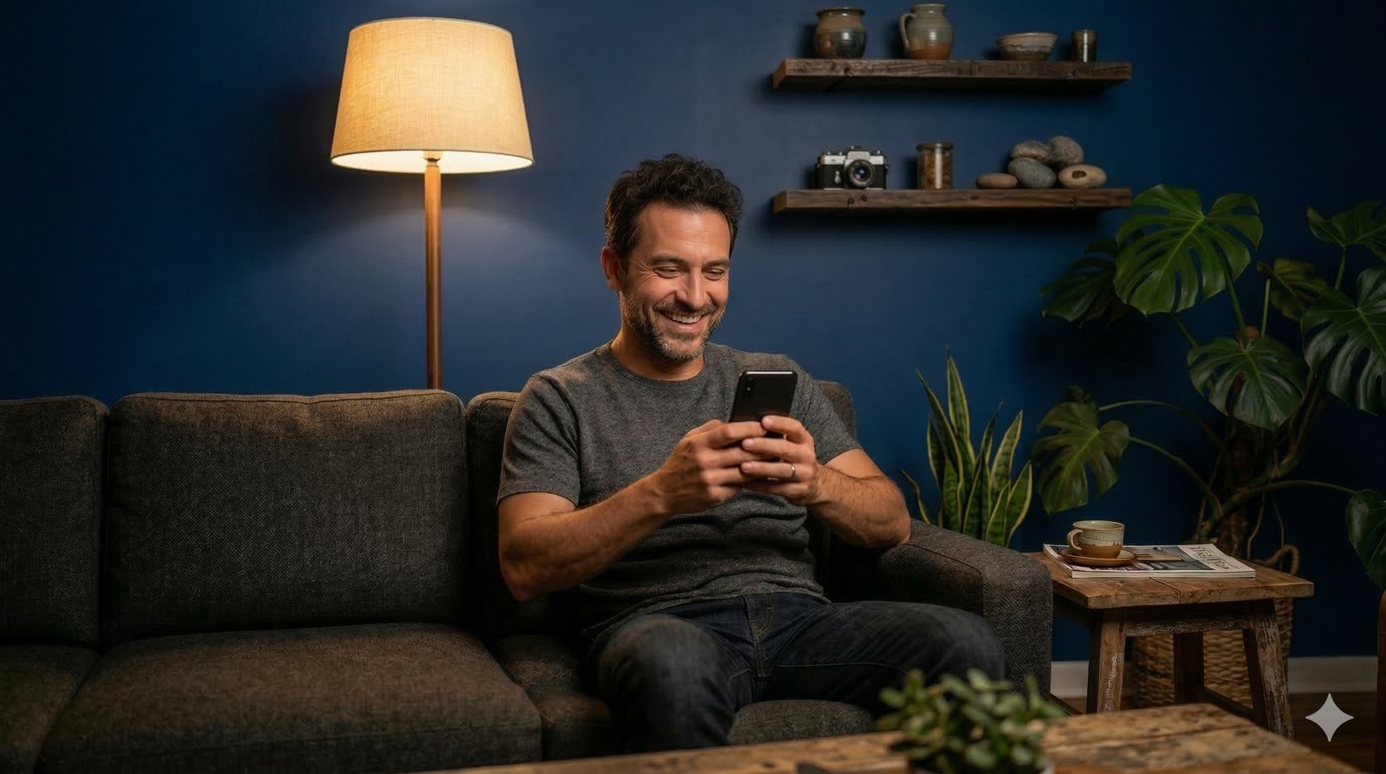 Pessoa utilizando o aplicativo Gleebem em casa